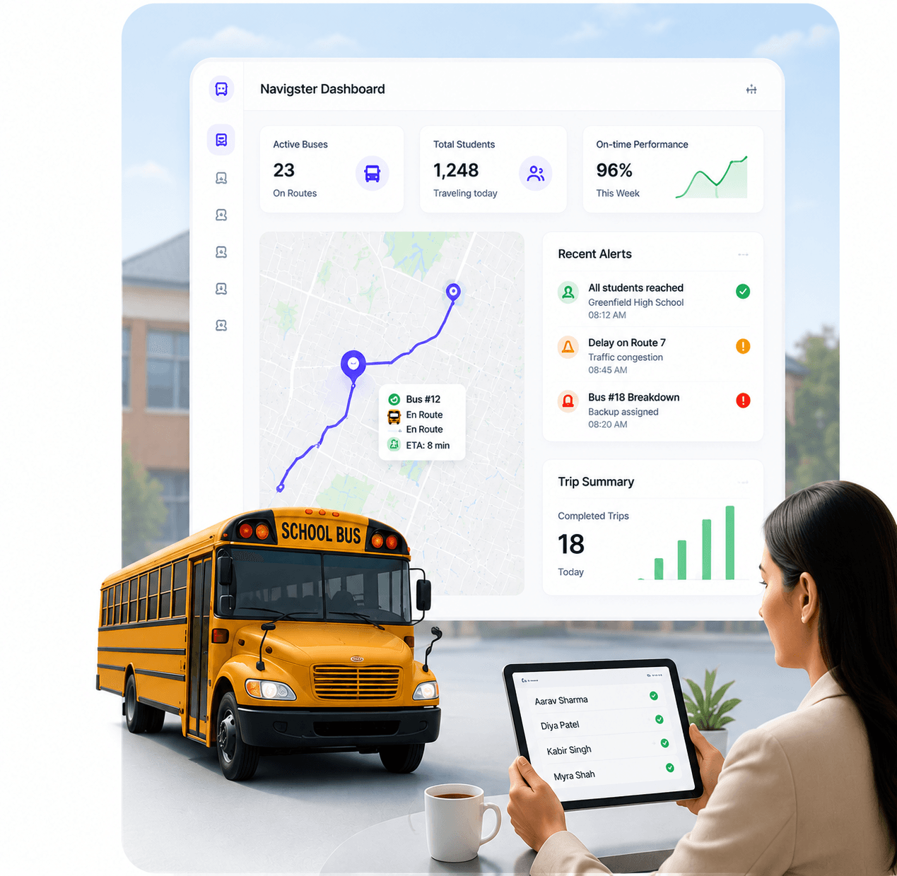 Navigster dashboard showing live bus tracking, active buses, on-time performance, and a parent checking student pickup status on a tablet