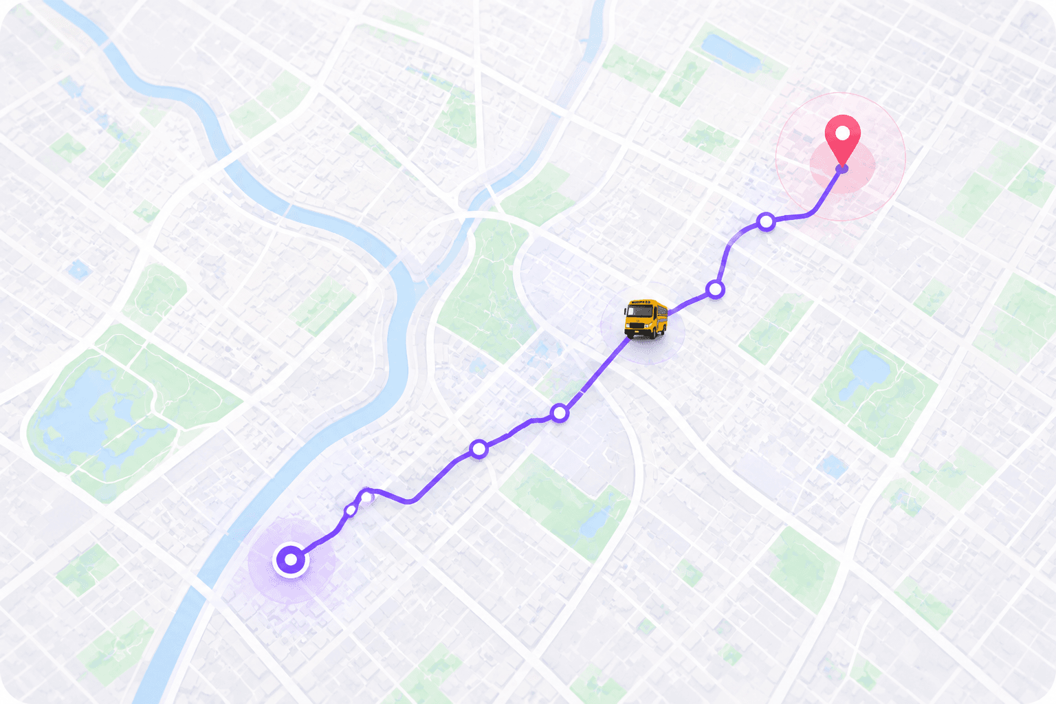 Live route planning map showing today's school route, pickup points, and the assigned bus