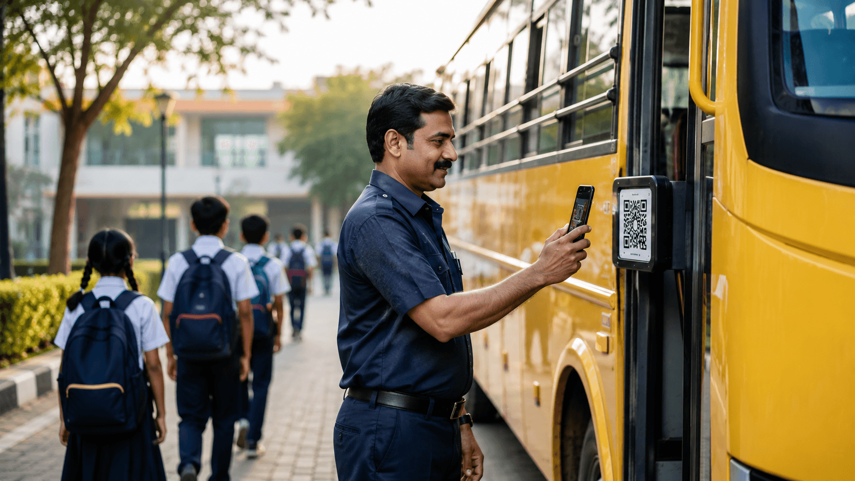 A school bus driver scanning a secure QR code at the bus entrance before starting the trip, students boarding in the background